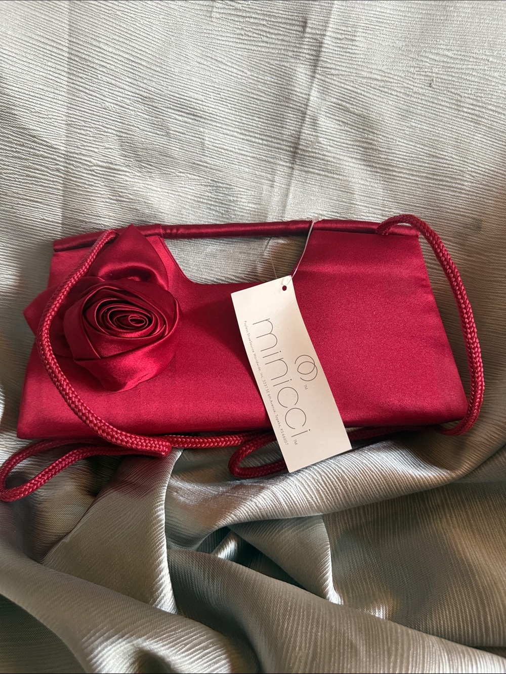 Minicci Ruby Satin Rose Detail Evening Clutch NWOT